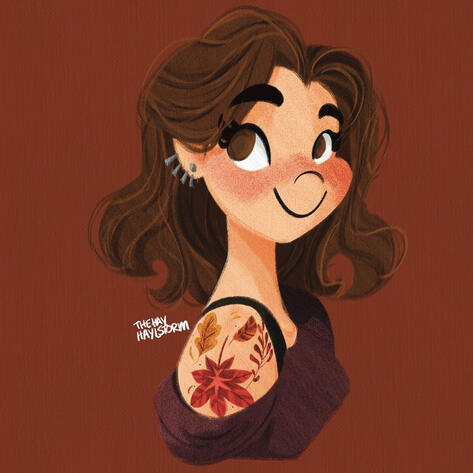 A cartoon avatar of a brunette woman with thick eyebrows and a tattoo of fallen leaves. Credit: Hayle @thehayhaylstorm.