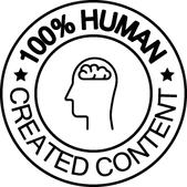 A round "No AI" icon with wrapping text: 100% human-created content.